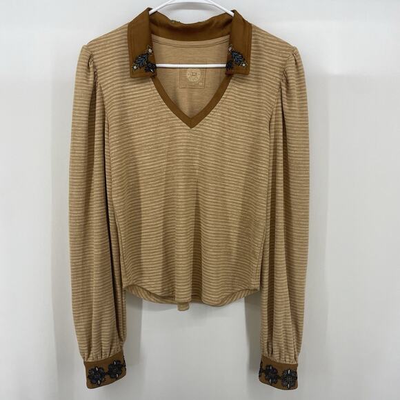 Double D Ranch Size M Trails End Top Long Sleeve Beaded Embellished Tan Western - Picture 2 of 11